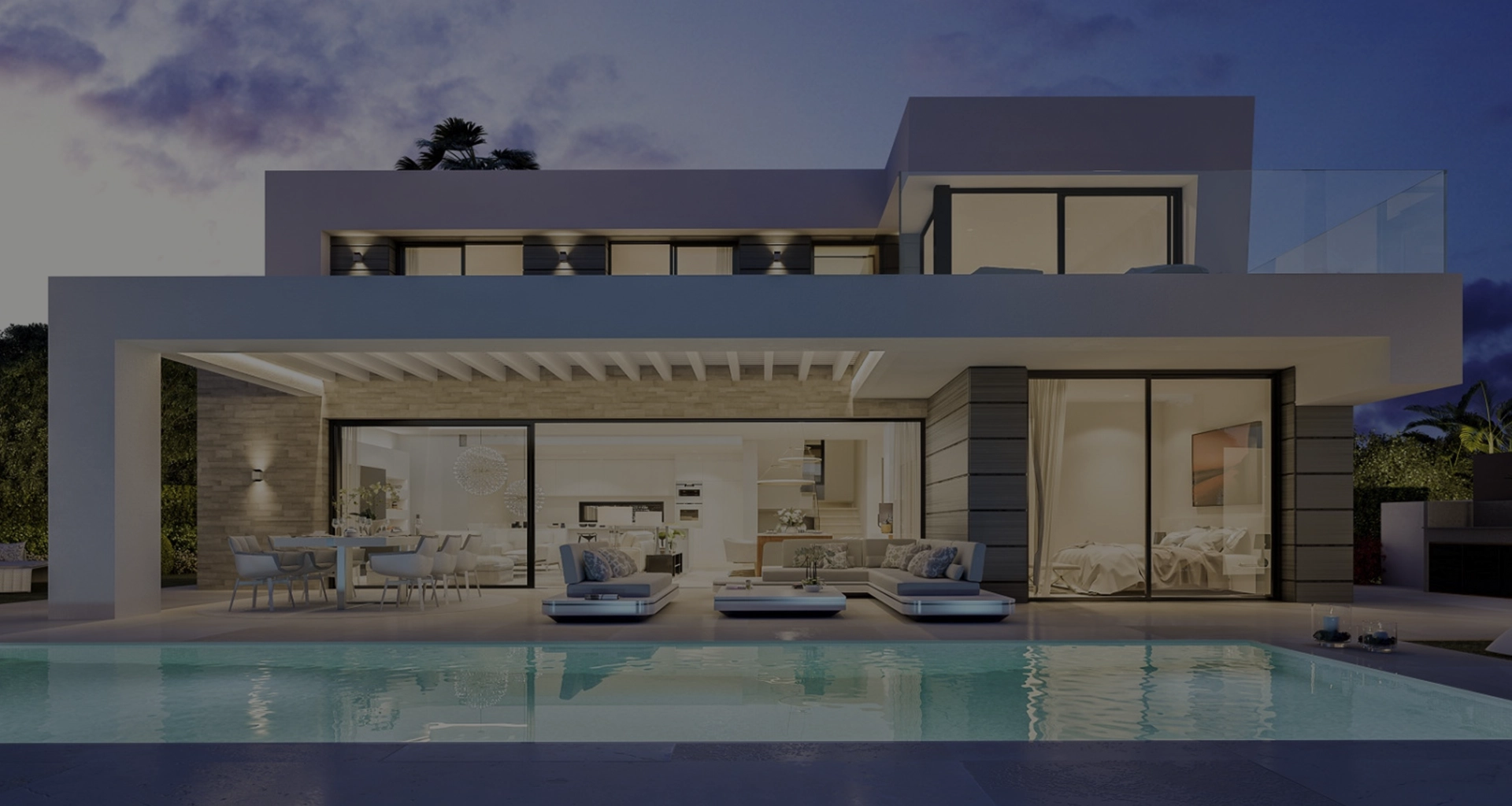 Fachada de casa con jardín y piscina